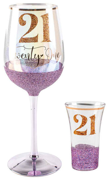 21st Birthday Wine Glass & Shot Glass Set Glitterati